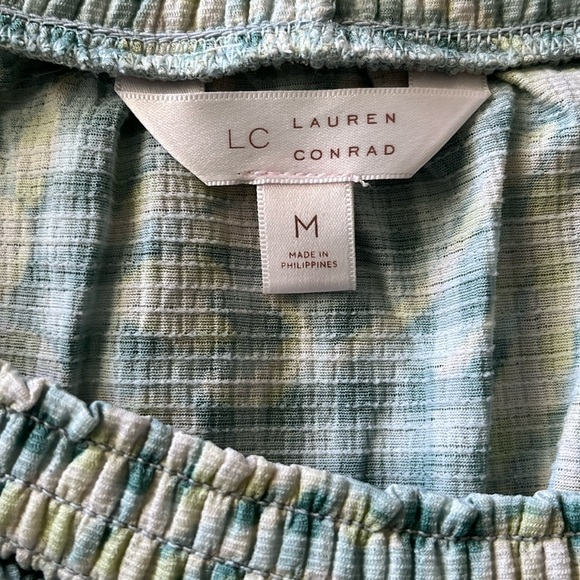 Lauren Conrad Breezy Top, off the shoulder, ruffle & neck smocking, mint/yellow - Picture 3 of 4